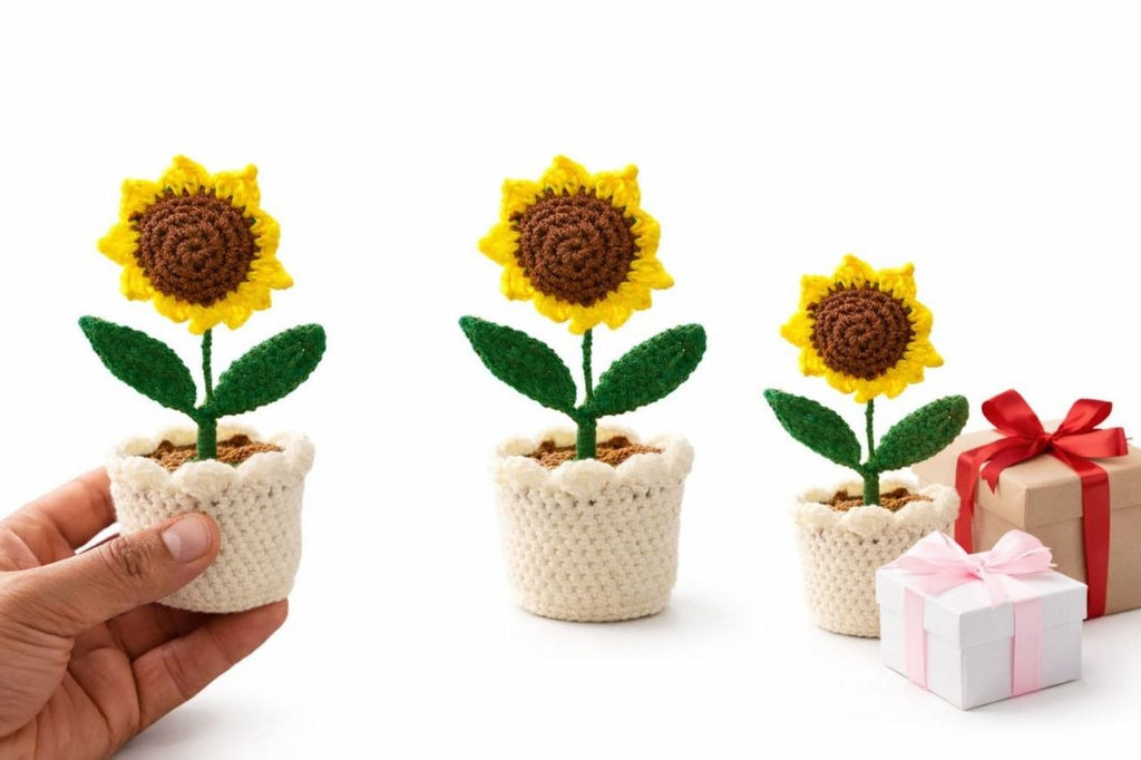 Handmade Crochet Sunflower Pot  – Cute Mini Flower Décor for Home & Desk