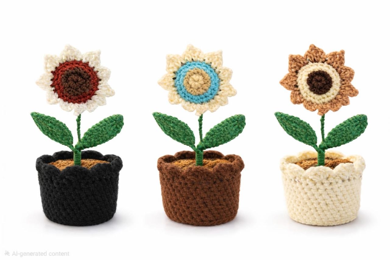 Handmade Crochet Sunflower Pot  – Cute Mini Flower Décor for Home & Desk