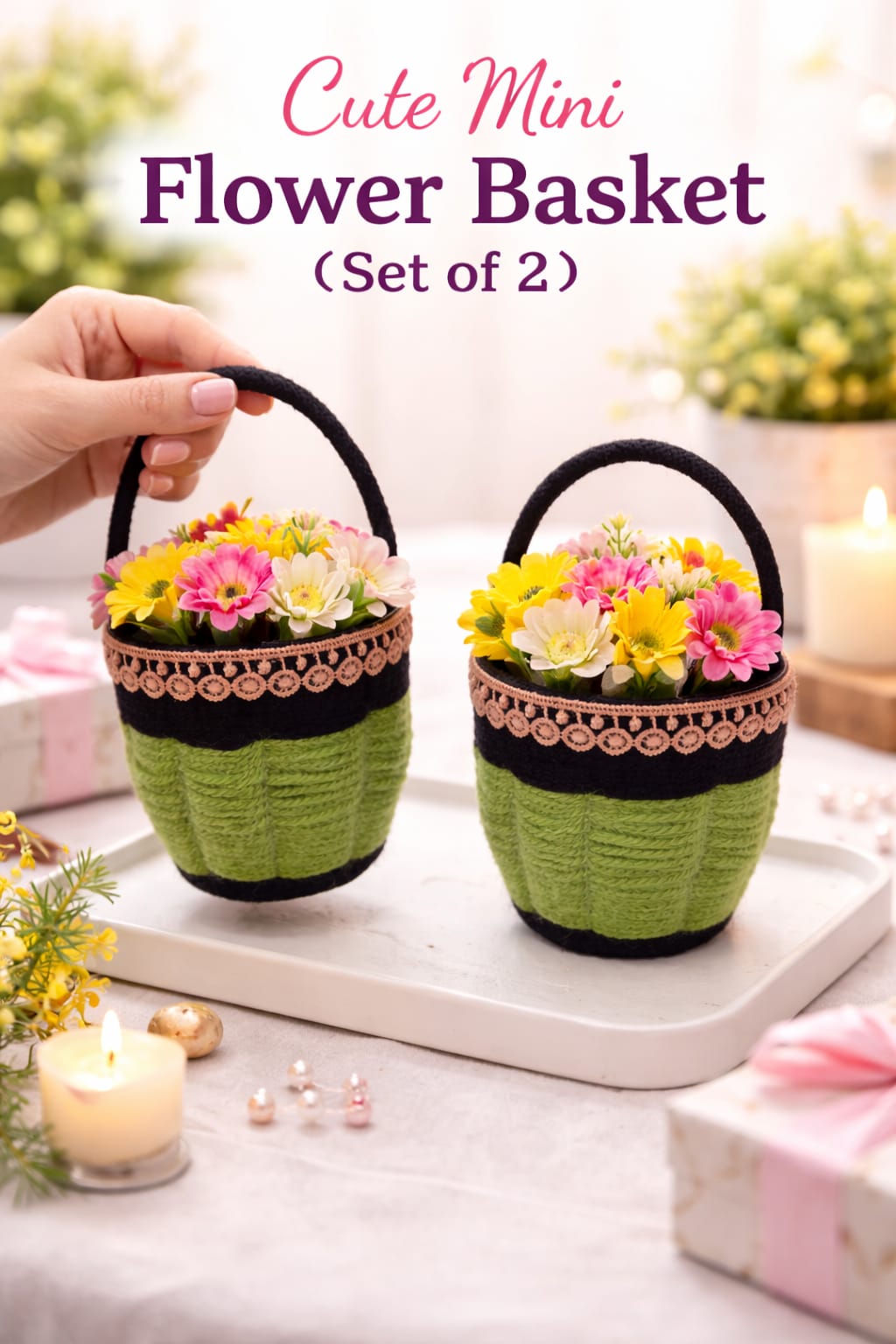 Cute Mini Flower Basket (Set of 2) – Elegant Decorative Floral Pots for Home Décor