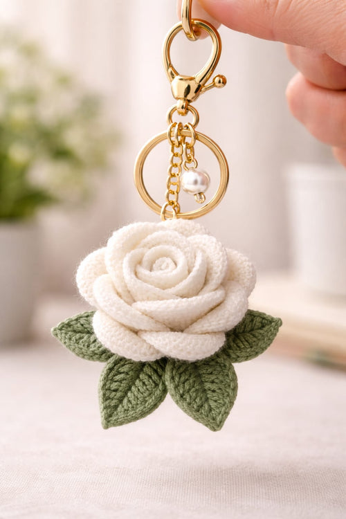 Handmade Crochet Rose Keychain(Set of 2) – Elegant Floral Bag Charm & Key Ring